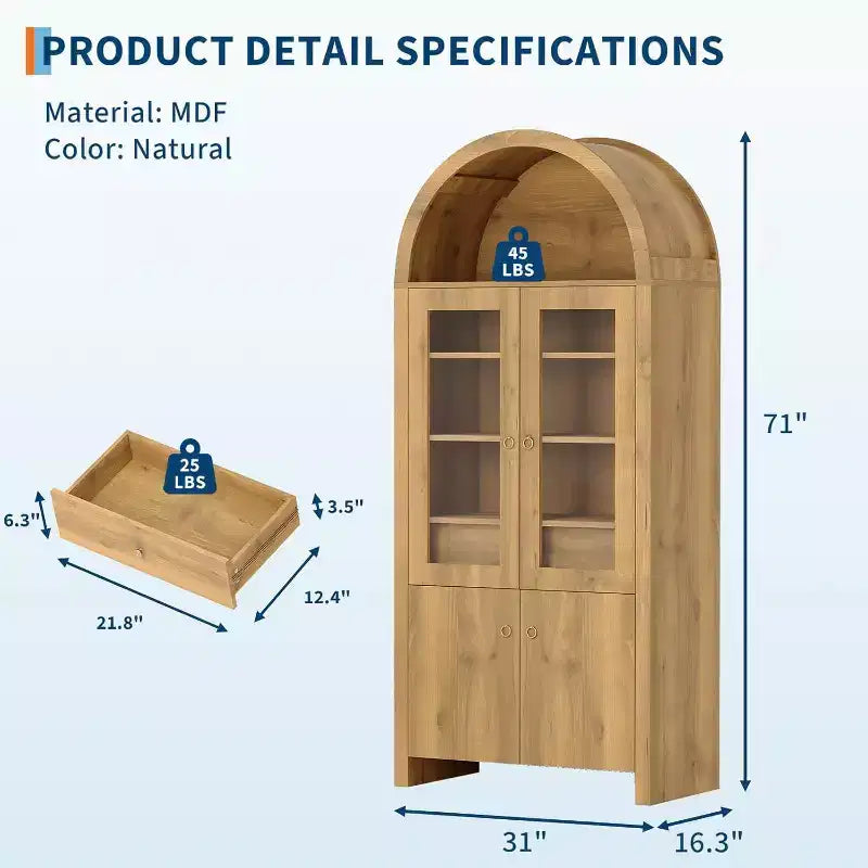 Dispensa ad arco in rovere naturale, stile rustico, contenitore a 2 ante con cassetto