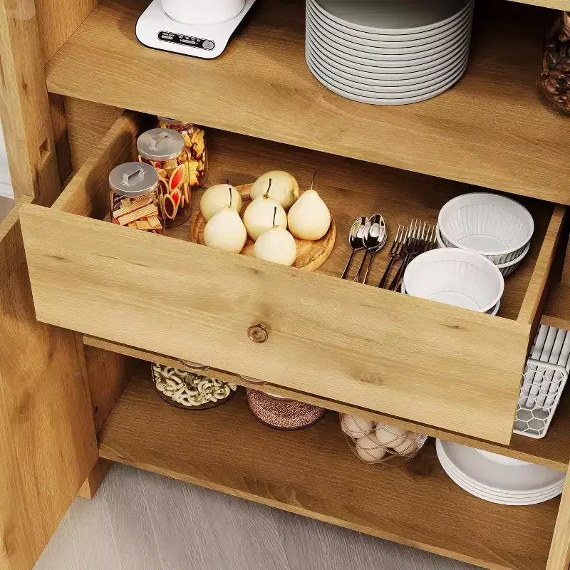 Dispensa ad arco in rovere naturale, stile rustico, contenitore a 2 ante con cassetto