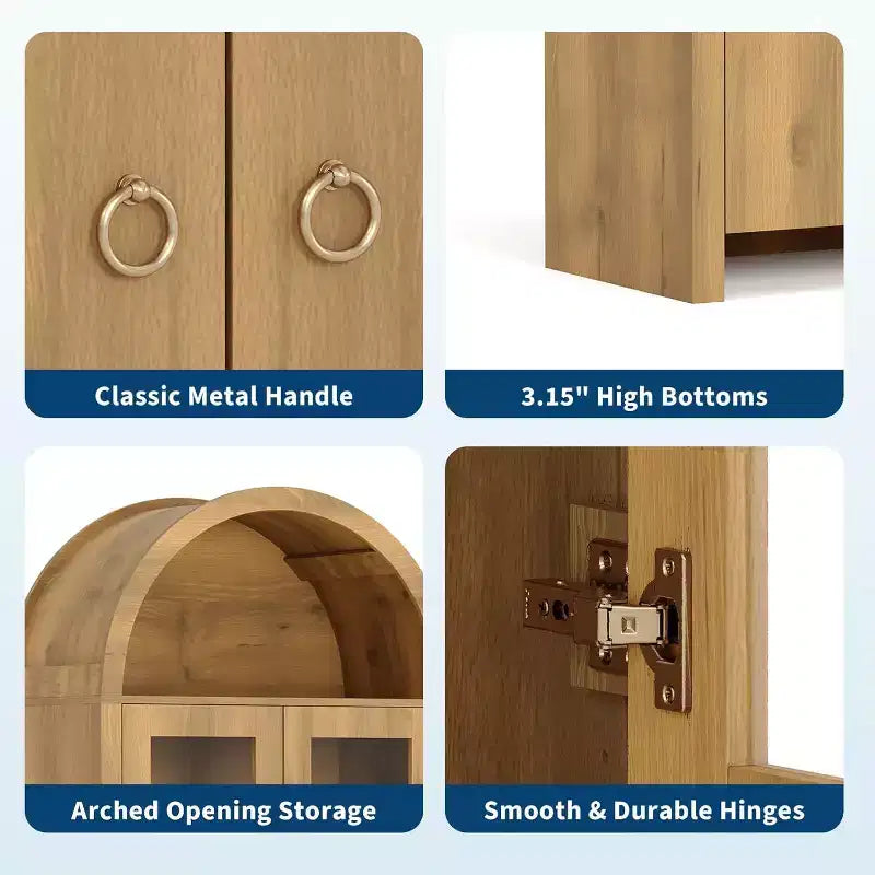 Dispensa ad arco in rovere naturale, stile rustico, contenitore a 2 ante con cassetto