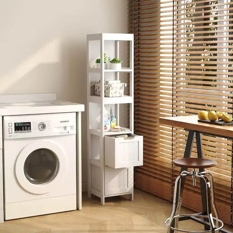 Armadio a colonna stretto grigio-blu / bianco con ripiani e cassetti, 1 persona
