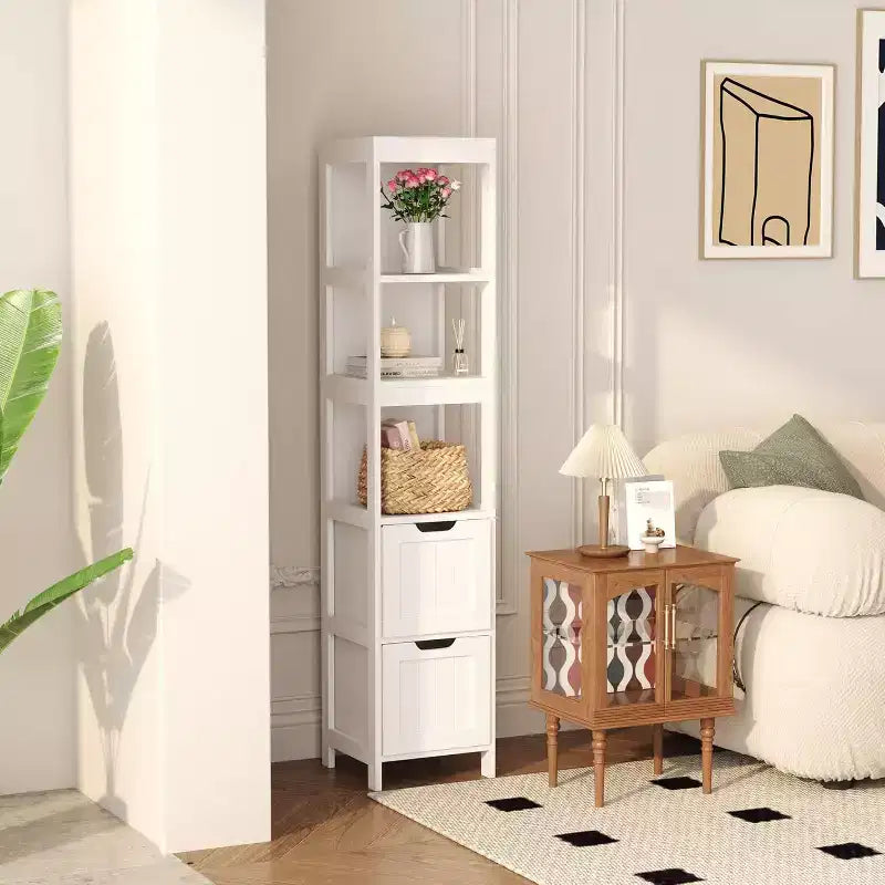 Armadio a colonna stretto grigio-blu / bianco con ripiani e cassetti, 1 persona