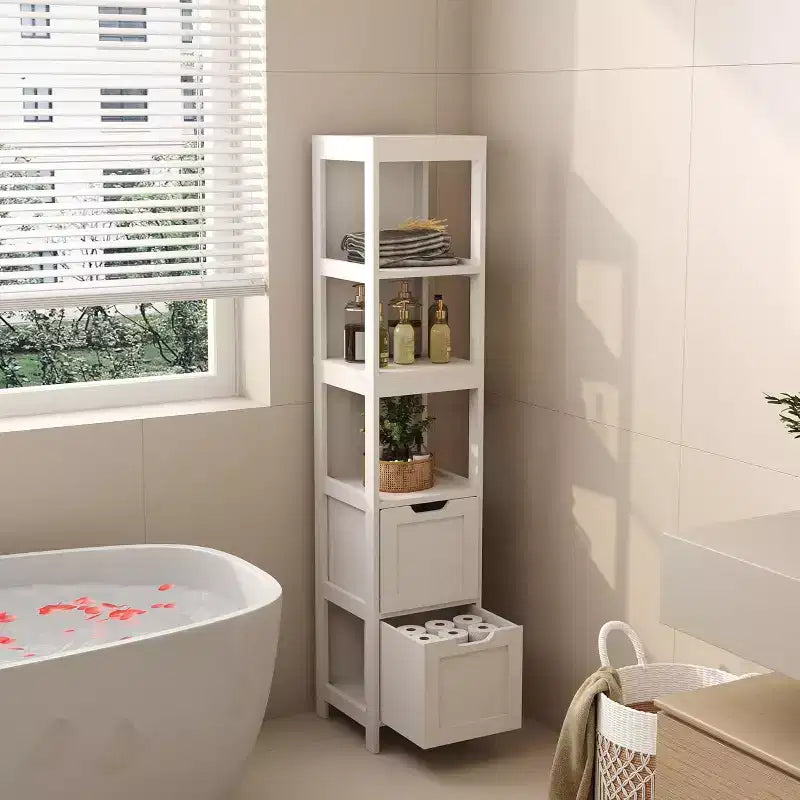 Armadio a colonna stretto grigio-blu / bianco con ripiani e cassetti, 1 persona