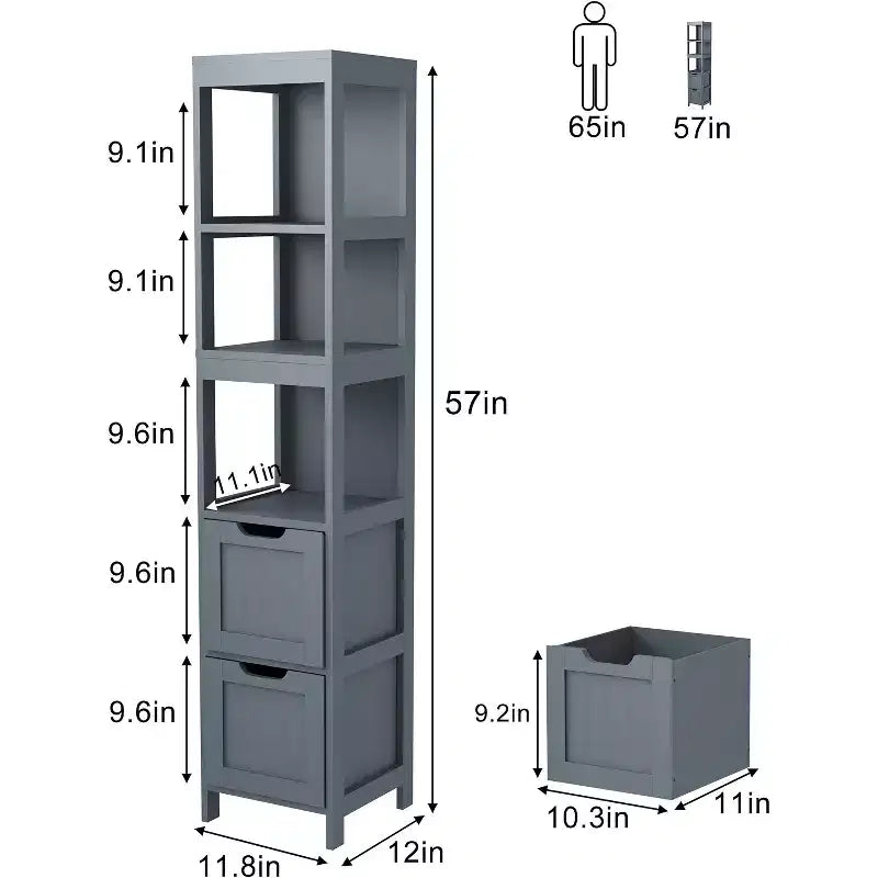 Armadio a colonna stretto grigio-blu / bianco con ripiani e cassetti, 1 persona