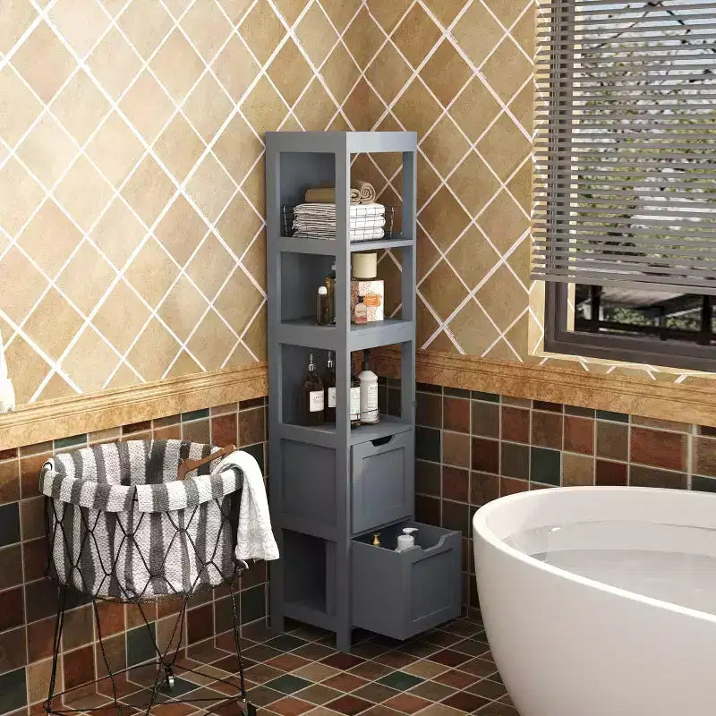 Armadio a colonna stretto grigio-blu / bianco con ripiani e cassetti, 1 persona