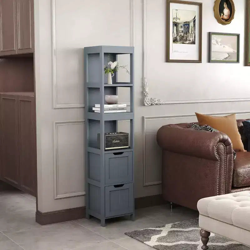 Armadio a colonna stretto grigio-blu / bianco con ripiani e cassetti, 1 persona