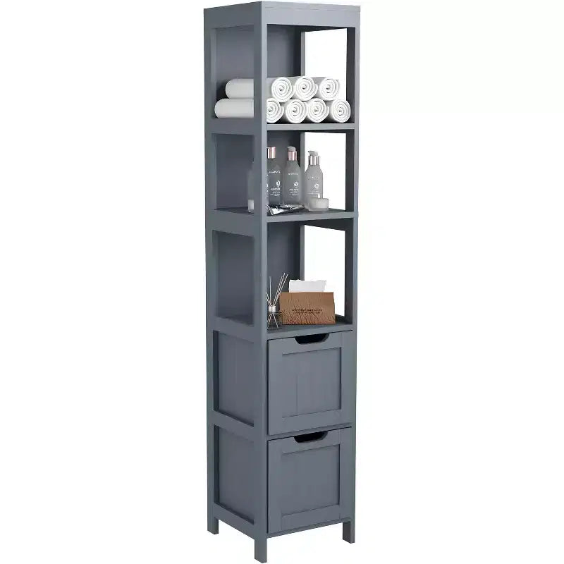 Armadio a colonna stretto grigio-blu / bianco con ripiani e cassetti, 1 persona
