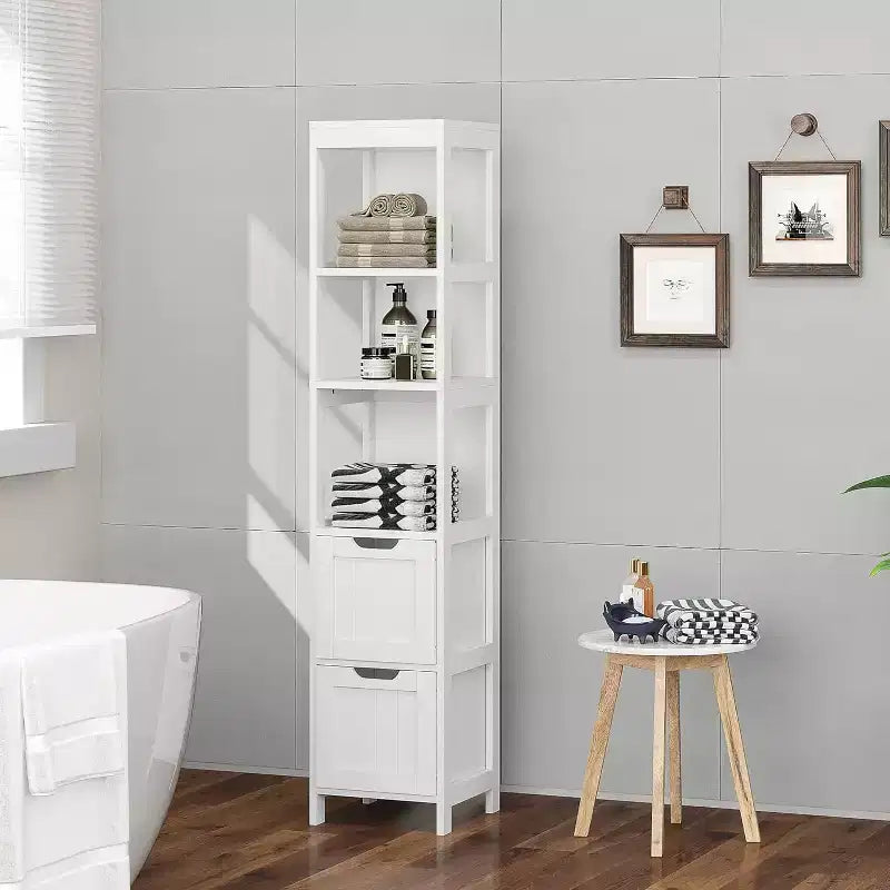 Armadio a colonna stretto grigio-blu / bianco con ripiani e cassetti, 1 persona