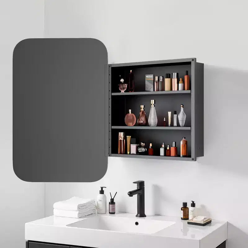 Armadietto a specchio da parete con cornice in metallo nero e contenitore, 1 anta 3 ripiani, singolo
