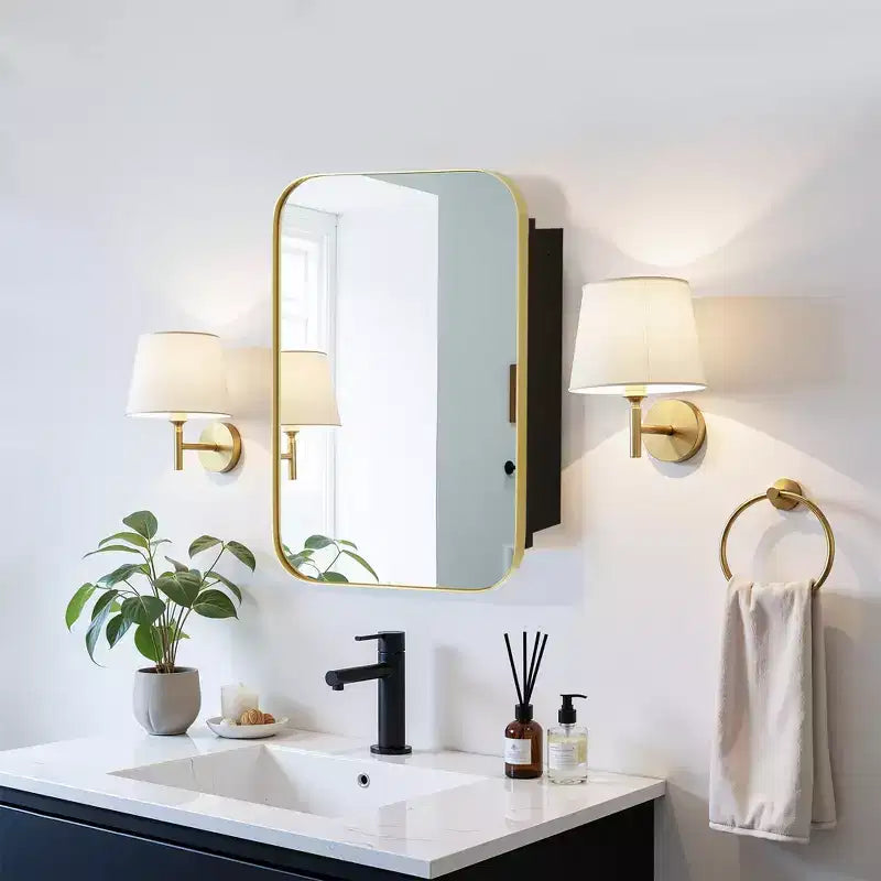 MAYEERTY 24 x 16in Modern Rectangular Bathroom Medicine Cabinets, Metal Framed Wall Mirror with Storage, Gold