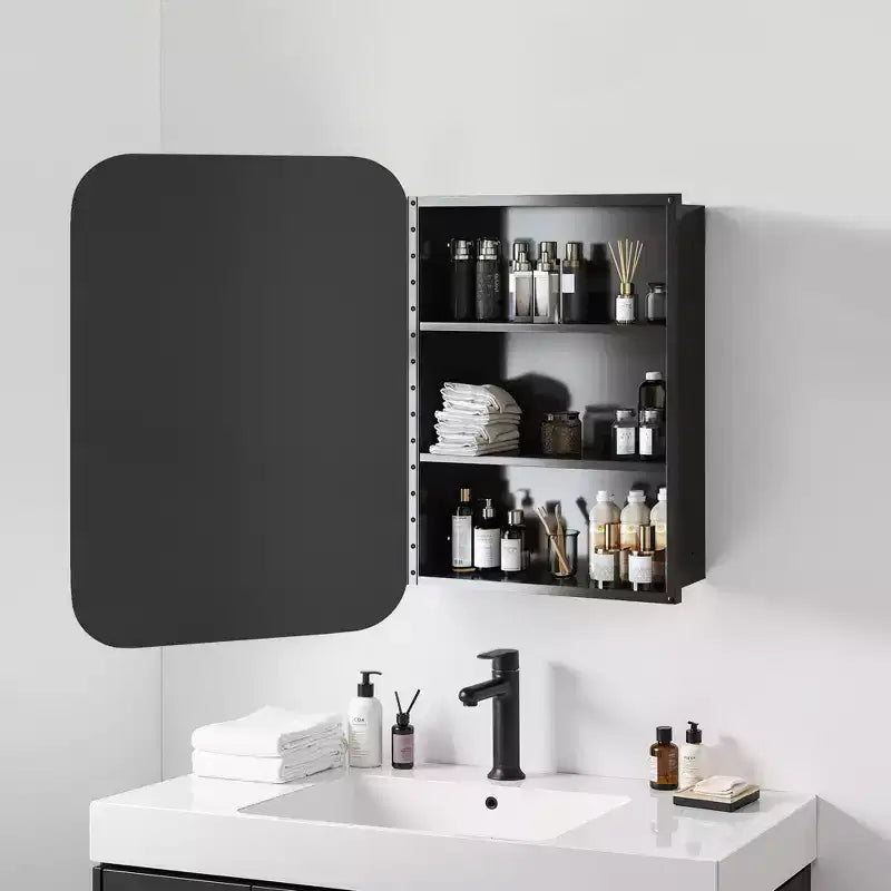 Mobiletto portamedicine da parete con specchio e cornice in metallo dorato, 1 anta, 3 ripiani