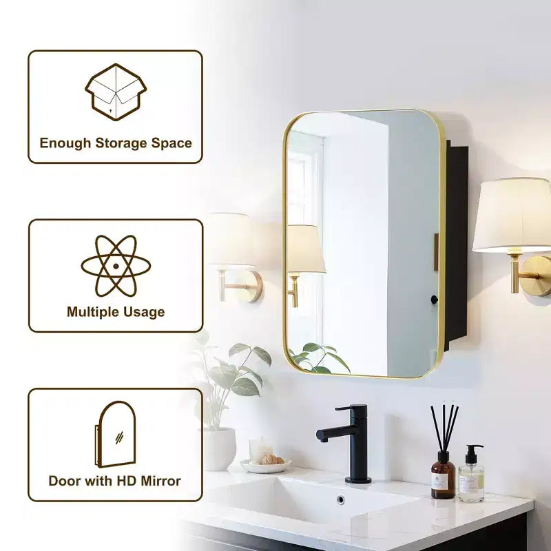 Mobiletto portamedicine da parete con specchio e cornice in metallo dorato, 1 anta, 3 ripiani
