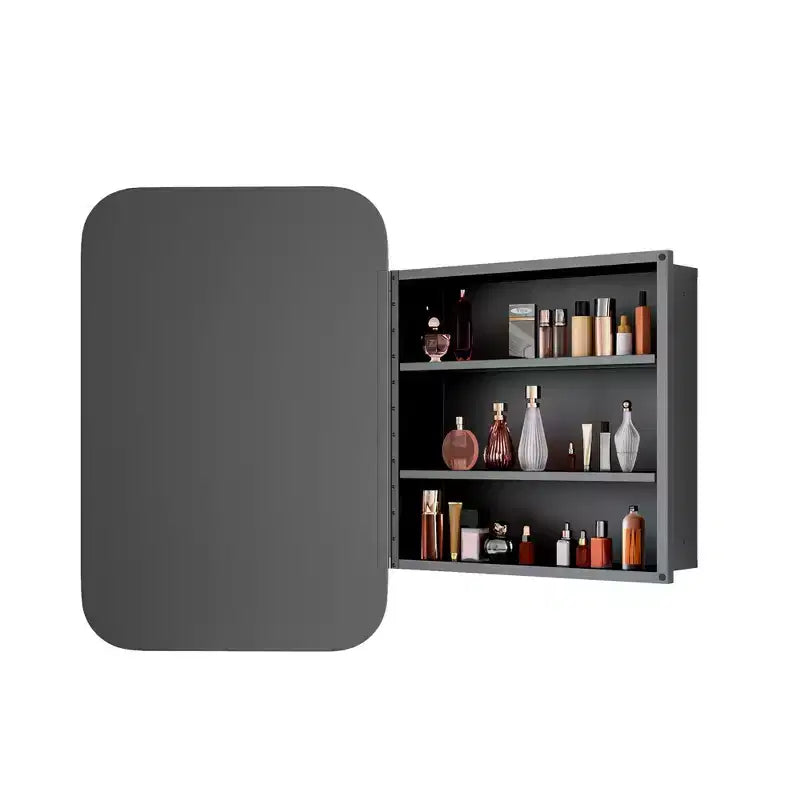 Mobiletto portamedicine da parete con specchio e cornice in metallo dorato, 1 anta, 3 ripiani