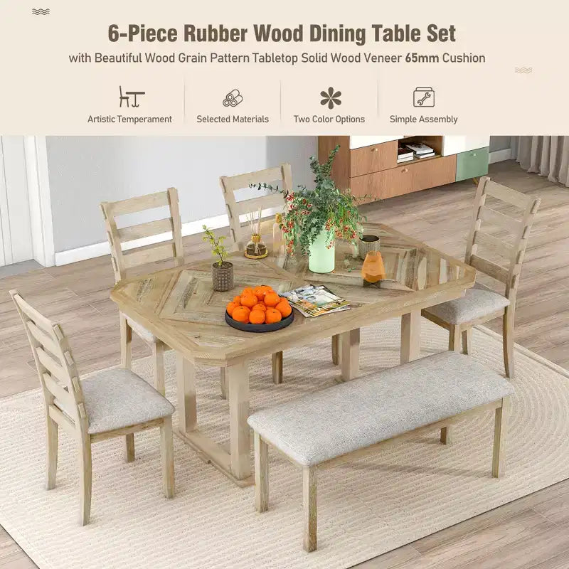 Set da pranzo rettangolare da 6 posti con panca, grigio / naturale, 6 pezzi