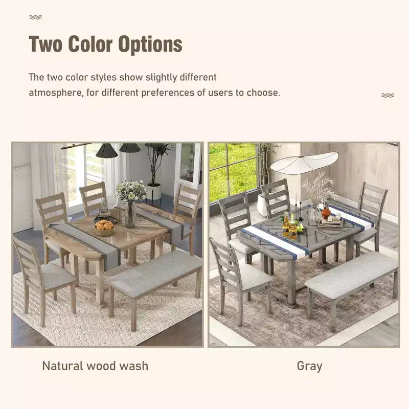 Set da pranzo rettangolare da 6 posti con panca, grigio / naturale, 6 pezzi