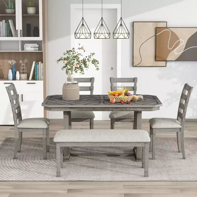 Set da pranzo rettangolare da 6 posti con panca, grigio / naturale, 6 pezzi