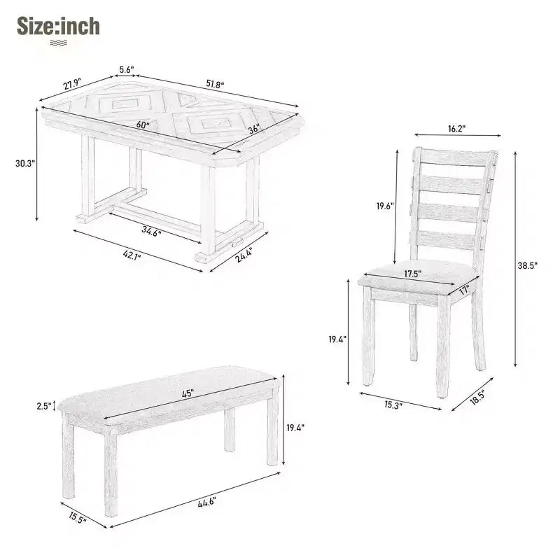 Set da pranzo rettangolare da 6 posti con panca, grigio / naturale, 6 pezzi