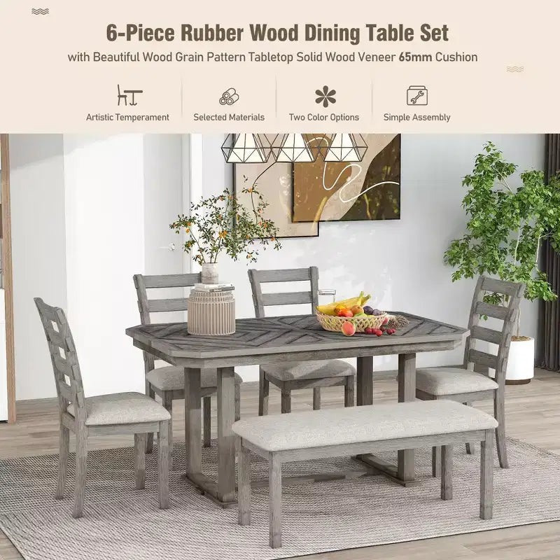 Set da pranzo rettangolare da 6 posti con panca, grigio / naturale, 6 pezzi