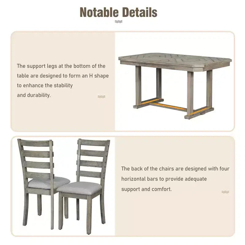 Set da pranzo rettangolare da 6 posti con panca, grigio / naturale, 6 pezzi