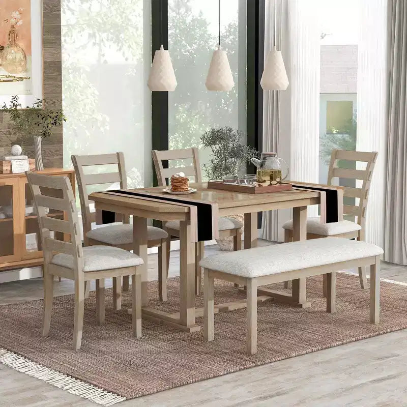 Set da pranzo rettangolare da 6 posti con panca, grigio / naturale, 6 pezzi