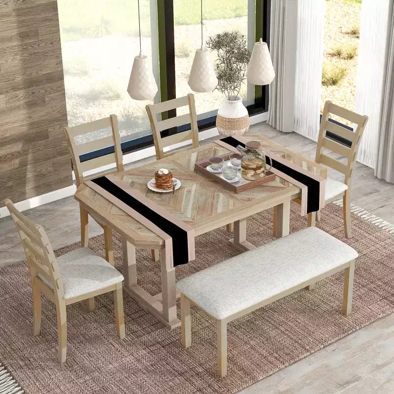 Set da pranzo rettangolare da 6 posti con panca, grigio / naturale, 6 pezzi