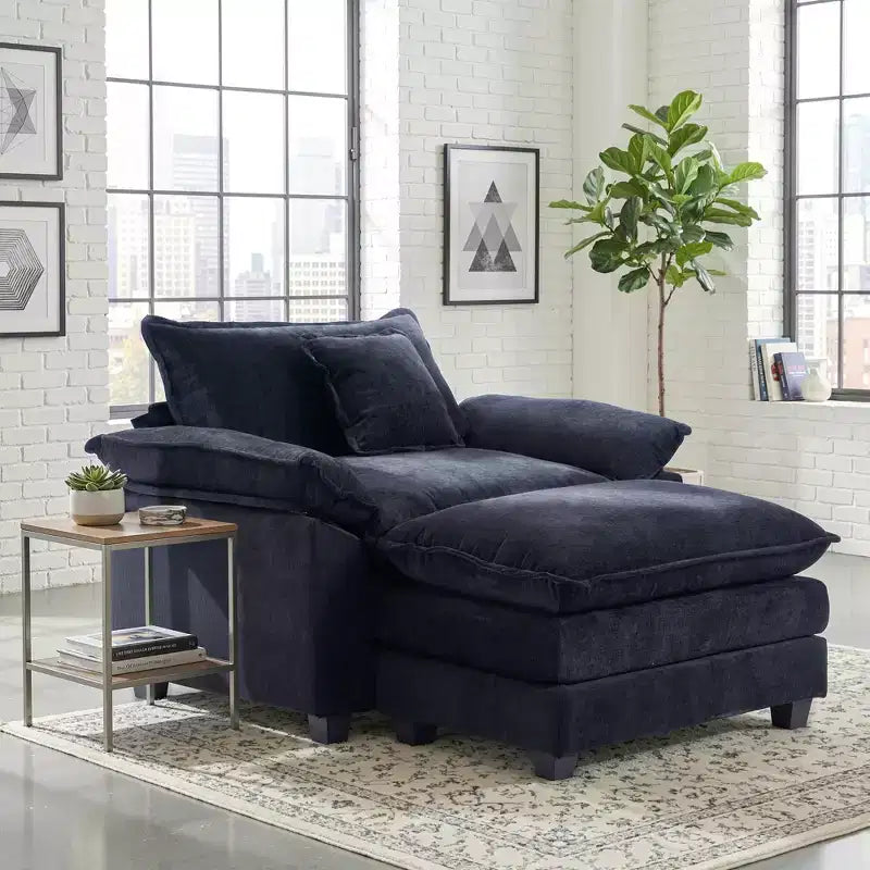Poltrona a 1 posto in ciniglia accent Beige / Nera / Blu / Verde / Grigia / Kaki / Arancione / Verde acqua, con pouf