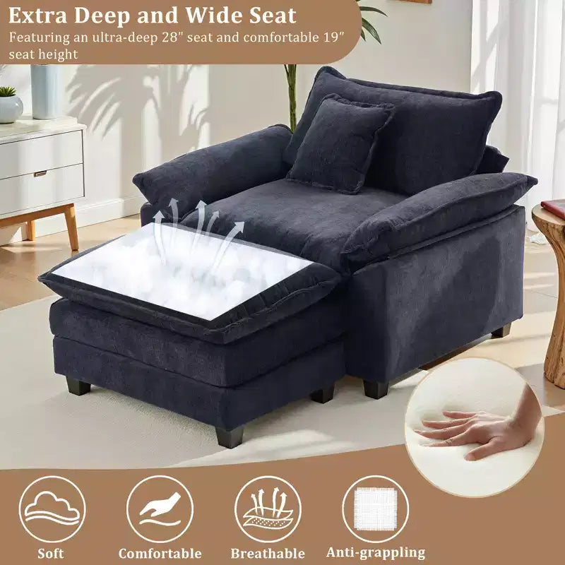 Poltrona a 1 posto in ciniglia accent Beige / Nera / Blu / Verde / Grigia / Kaki / Arancione / Verde acqua, con pouf