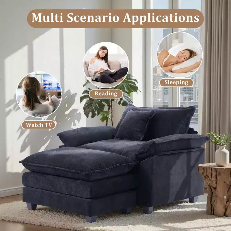 Poltrona a 1 posto in ciniglia accent Beige / Nera / Blu / Verde / Grigia / Kaki / Arancione / Verde acqua, con pouf