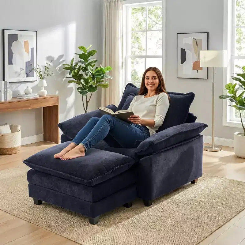 Poltrona a 1 posto in ciniglia accent Beige / Nera / Blu / Verde / Grigia / Kaki / Arancione / Verde acqua, con pouf