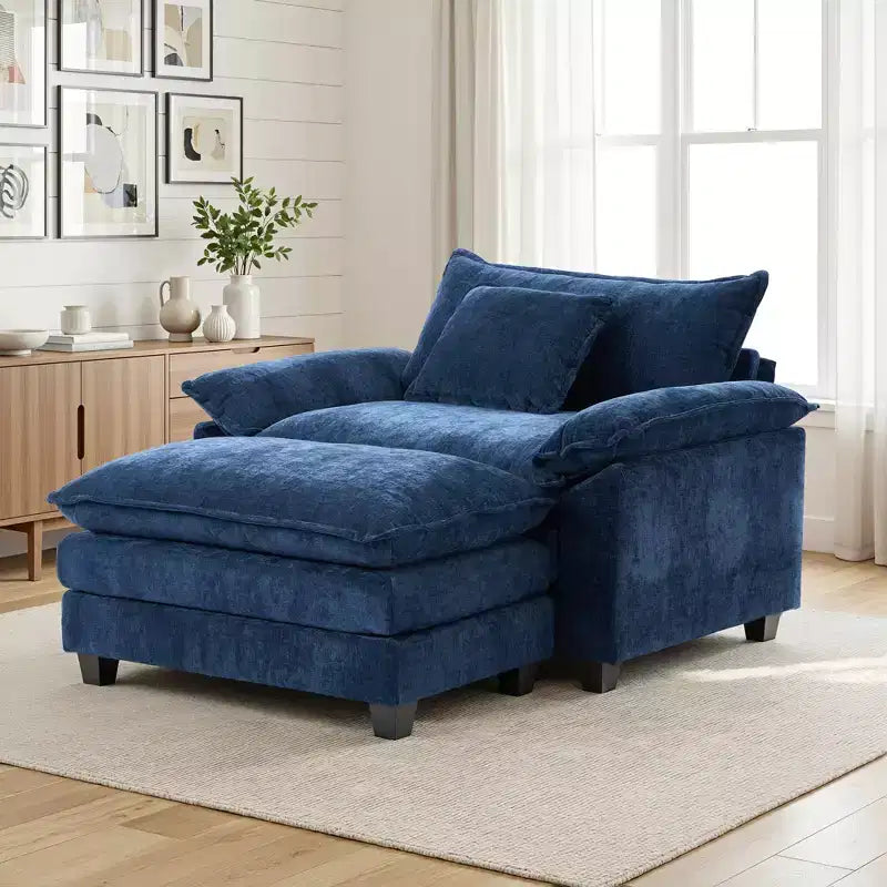 Poltrona a 1 posto in ciniglia accent Beige / Nera / Blu / Verde / Grigia / Kaki / Arancione / Verde acqua, con pouf