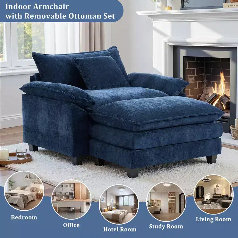 Poltrona a 1 posto in ciniglia accent Beige / Nera / Blu / Verde / Grigia / Kaki / Arancione / Verde acqua, con pouf