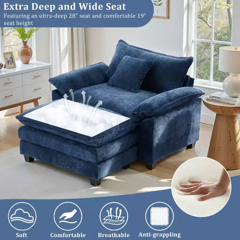 Poltrona a 1 posto in ciniglia accent Beige / Nera / Blu / Verde / Grigia / Kaki / Arancione / Verde acqua, con pouf