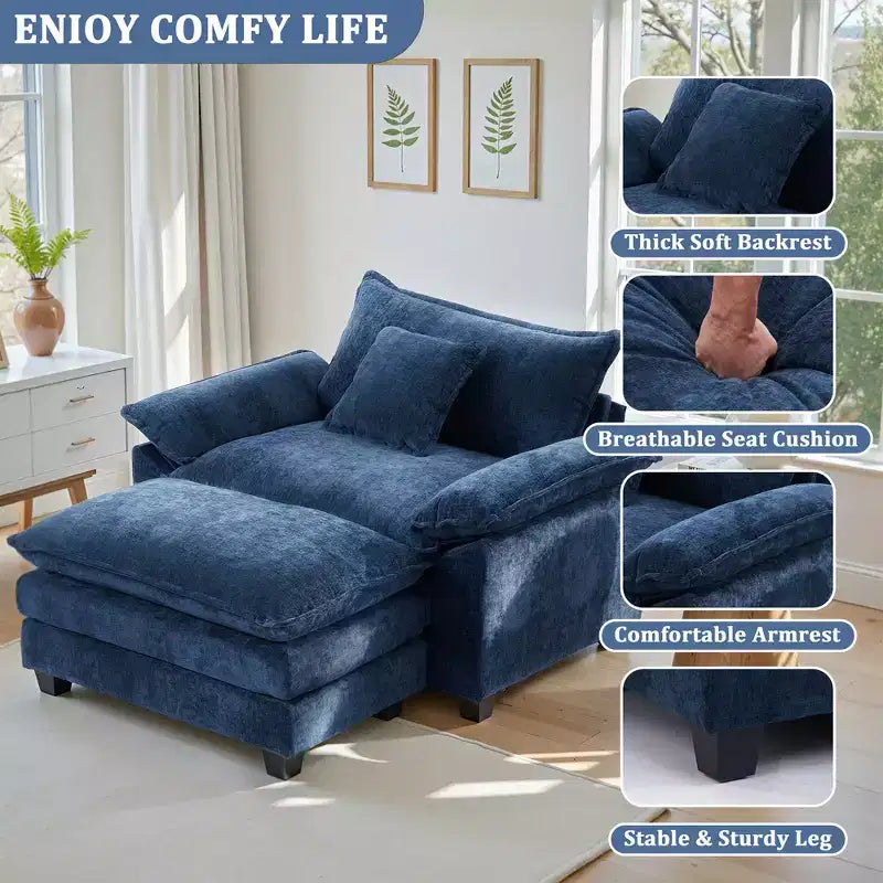 Poltrona a 1 posto in ciniglia accent Beige / Nera / Blu / Verde / Grigia / Kaki / Arancione / Verde acqua, con pouf