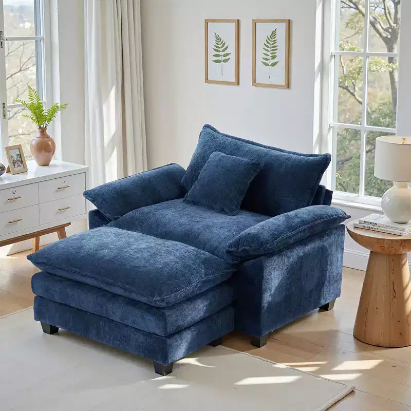 Poltrona a 1 posto in ciniglia accent Beige / Nera / Blu / Verde / Grigia / Kaki / Arancione / Verde acqua, con pouf