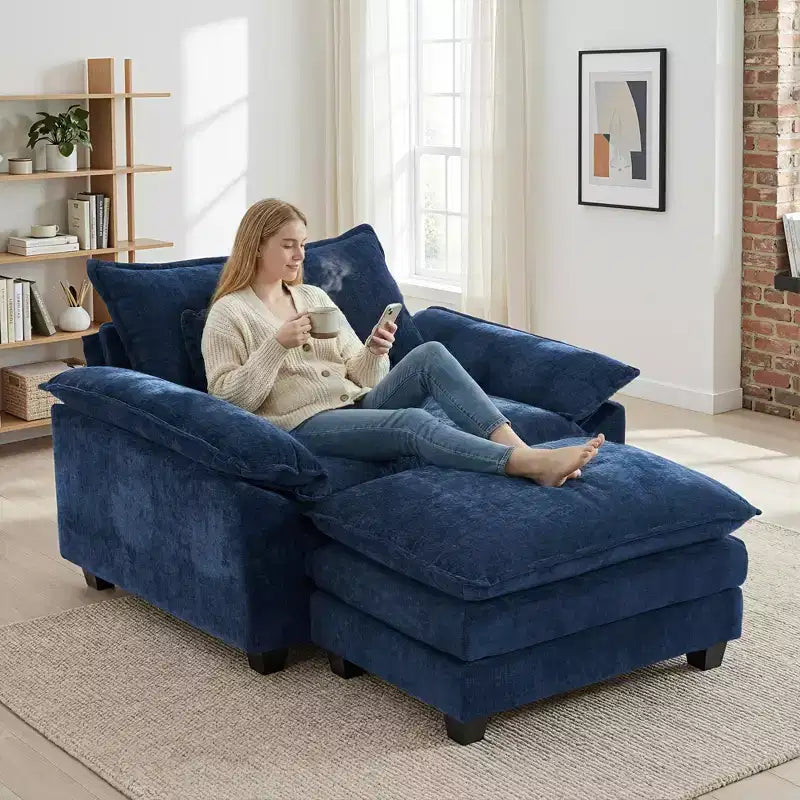 Poltrona a 1 posto in ciniglia accent Beige / Nera / Blu / Verde / Grigia / Kaki / Arancione / Verde acqua, con pouf