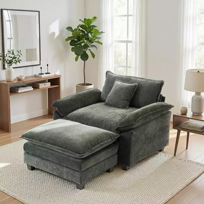 Poltrona a 1 posto in ciniglia accent Beige / Nera / Blu / Verde / Grigia / Kaki / Arancione / Verde acqua, con pouf