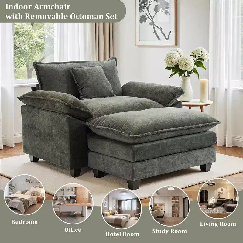 Poltrona a 1 posto in ciniglia accent Beige / Nera / Blu / Verde / Grigia / Kaki / Arancione / Verde acqua, con pouf