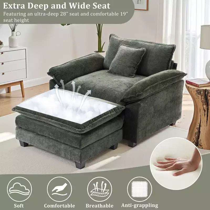 Poltrona a 1 posto in ciniglia accent Beige / Nera / Blu / Verde / Grigia / Kaki / Arancione / Verde acqua, con pouf