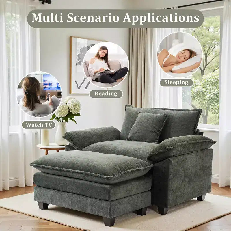 Poltrona a 1 posto in ciniglia accent Beige / Nera / Blu / Verde / Grigia / Kaki / Arancione / Verde acqua, con pouf