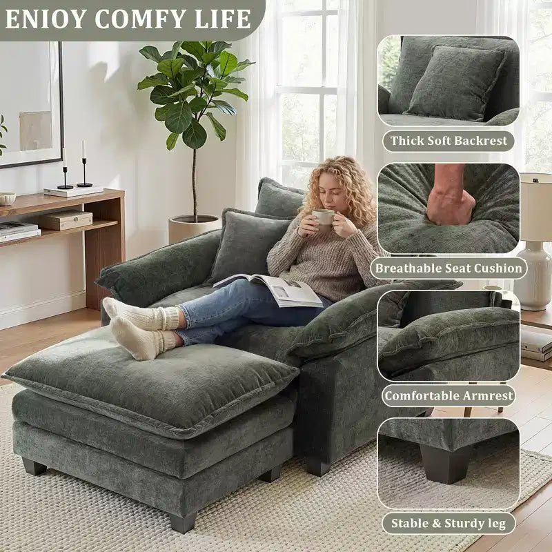 Poltrona a 1 posto in ciniglia accent Beige / Nera / Blu / Verde / Grigia / Kaki / Arancione / Verde acqua, con pouf