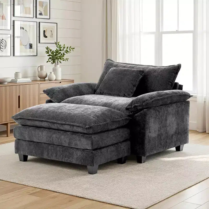 Poltrona a 1 posto in ciniglia accent Beige / Nera / Blu / Verde / Grigia / Kaki / Arancione / Verde acqua, con pouf