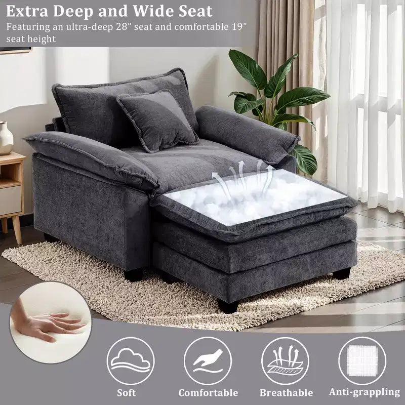 Poltrona a 1 posto in ciniglia accent Beige / Nera / Blu / Verde / Grigia / Kaki / Arancione / Verde acqua, con pouf