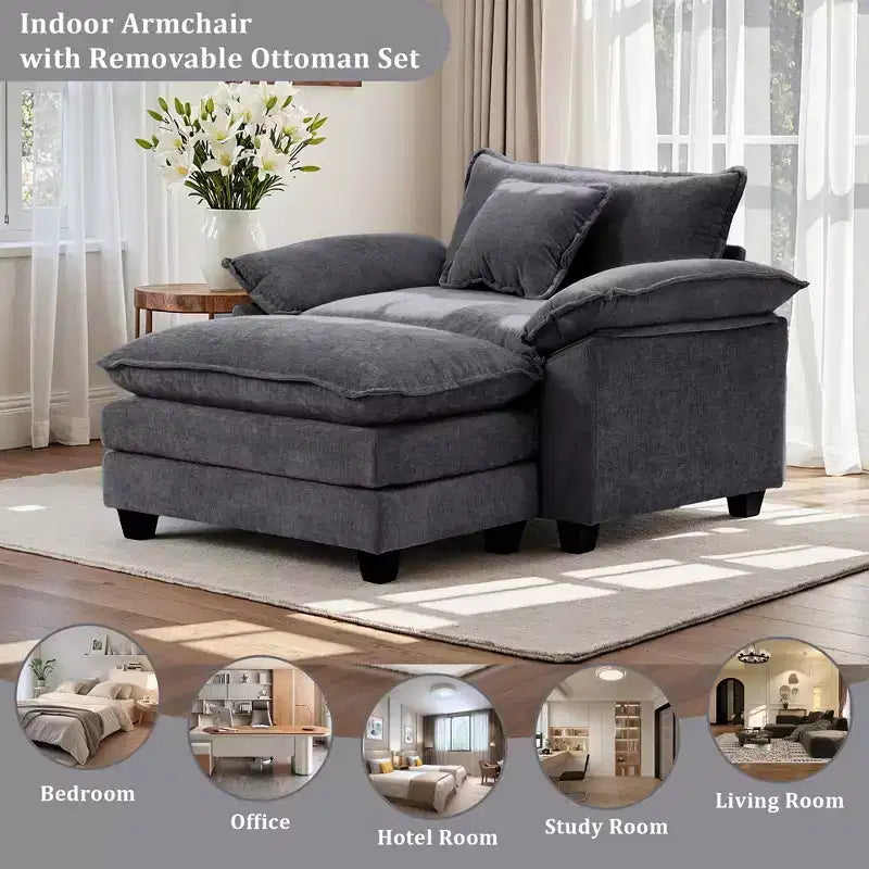 Poltrona a 1 posto in ciniglia accent Beige / Nera / Blu / Verde / Grigia / Kaki / Arancione / Verde acqua, con pouf