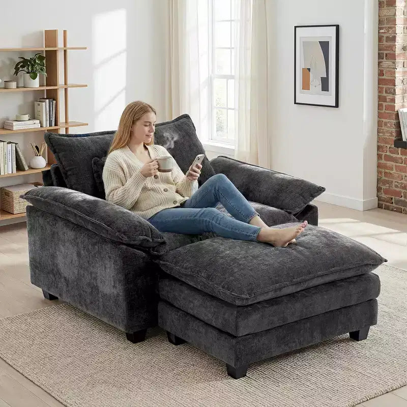 Poltrona a 1 posto in ciniglia accent Beige / Nera / Blu / Verde / Grigia / Kaki / Arancione / Verde acqua, con pouf