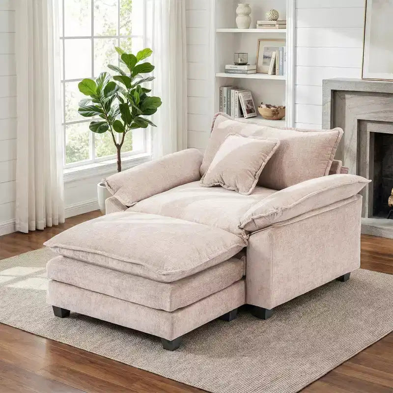 Poltrona a 1 posto in ciniglia accent Beige / Nera / Blu / Verde / Grigia / Kaki / Arancione / Verde acqua, con pouf