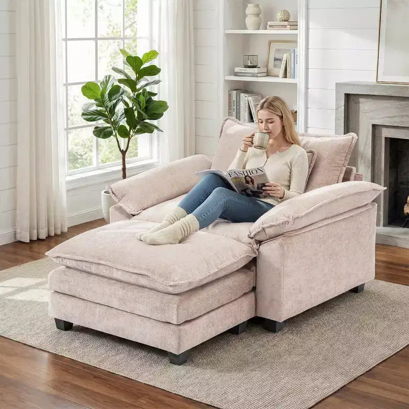 Poltrona a 1 posto in ciniglia accent Beige / Nera / Blu / Verde / Grigia / Kaki / Arancione / Verde acqua, con pouf