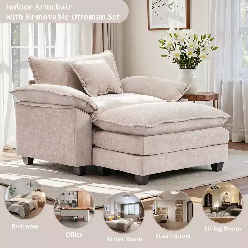 Poltrona a 1 posto in ciniglia accent Beige / Nera / Blu / Verde / Grigia / Kaki / Arancione / Verde acqua, con pouf