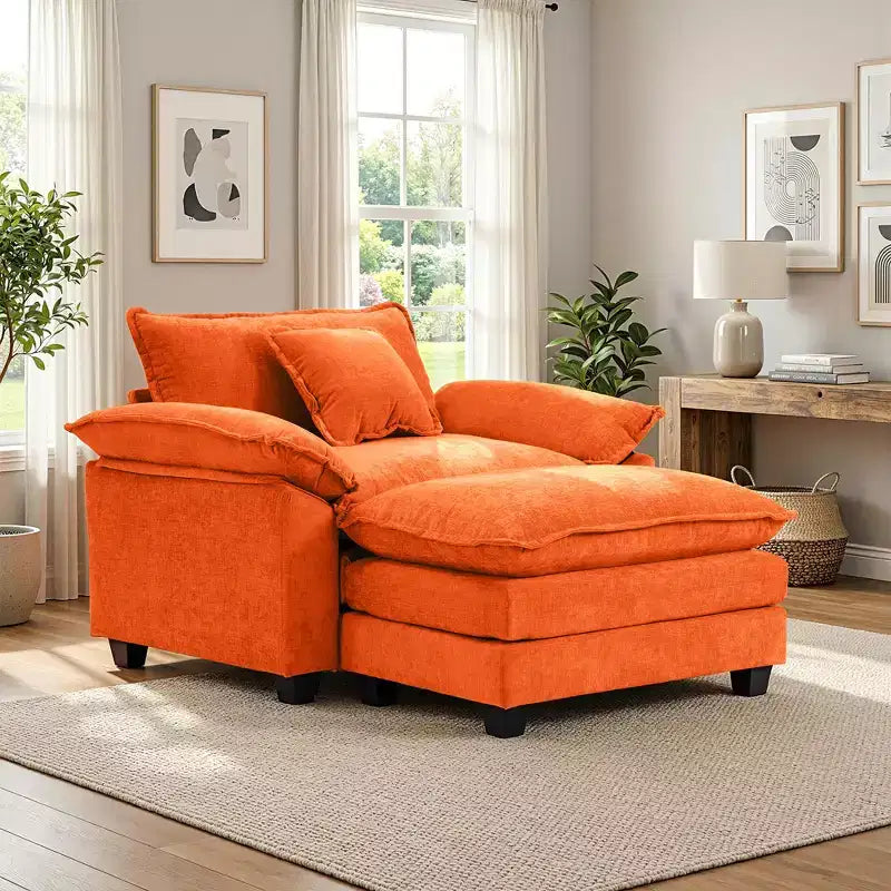 Poltrona a 1 posto in ciniglia accent Beige / Nera / Blu / Verde / Grigia / Kaki / Arancione / Verde acqua, con pouf