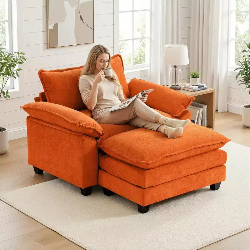 Poltrona a 1 posto in ciniglia accent Beige / Nera / Blu / Verde / Grigia / Kaki / Arancione / Verde acqua, con pouf
