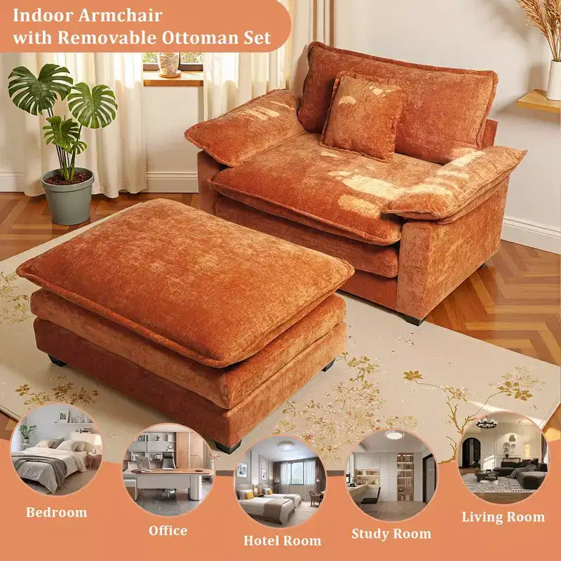 Poltrona a 1 posto in ciniglia accent Beige / Nera / Blu / Verde / Grigia / Kaki / Arancione / Verde acqua, con pouf