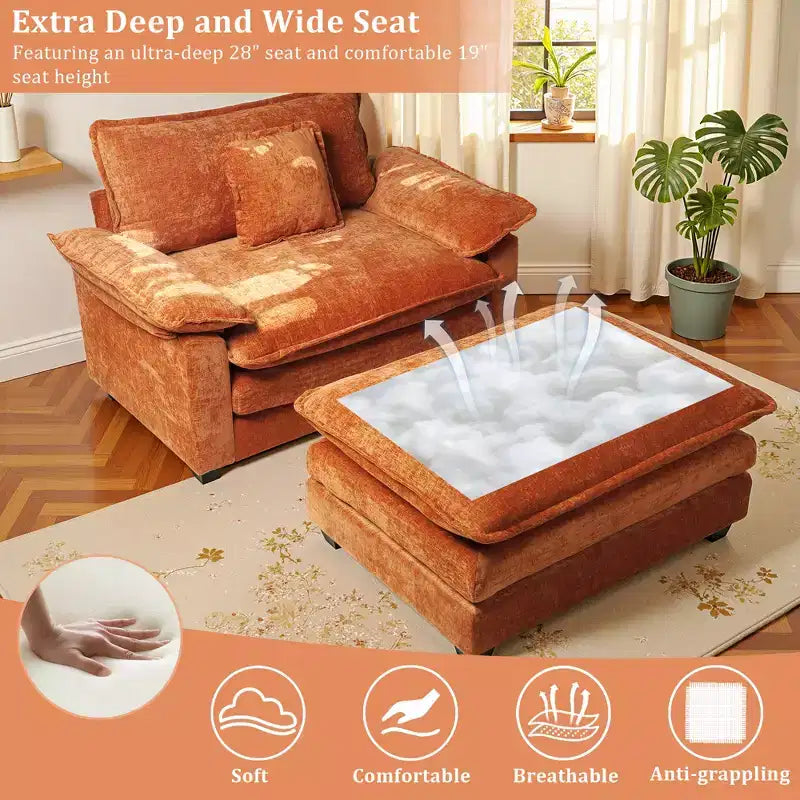 Poltrona a 1 posto in ciniglia accent Beige / Nera / Blu / Verde / Grigia / Kaki / Arancione / Verde acqua, con pouf